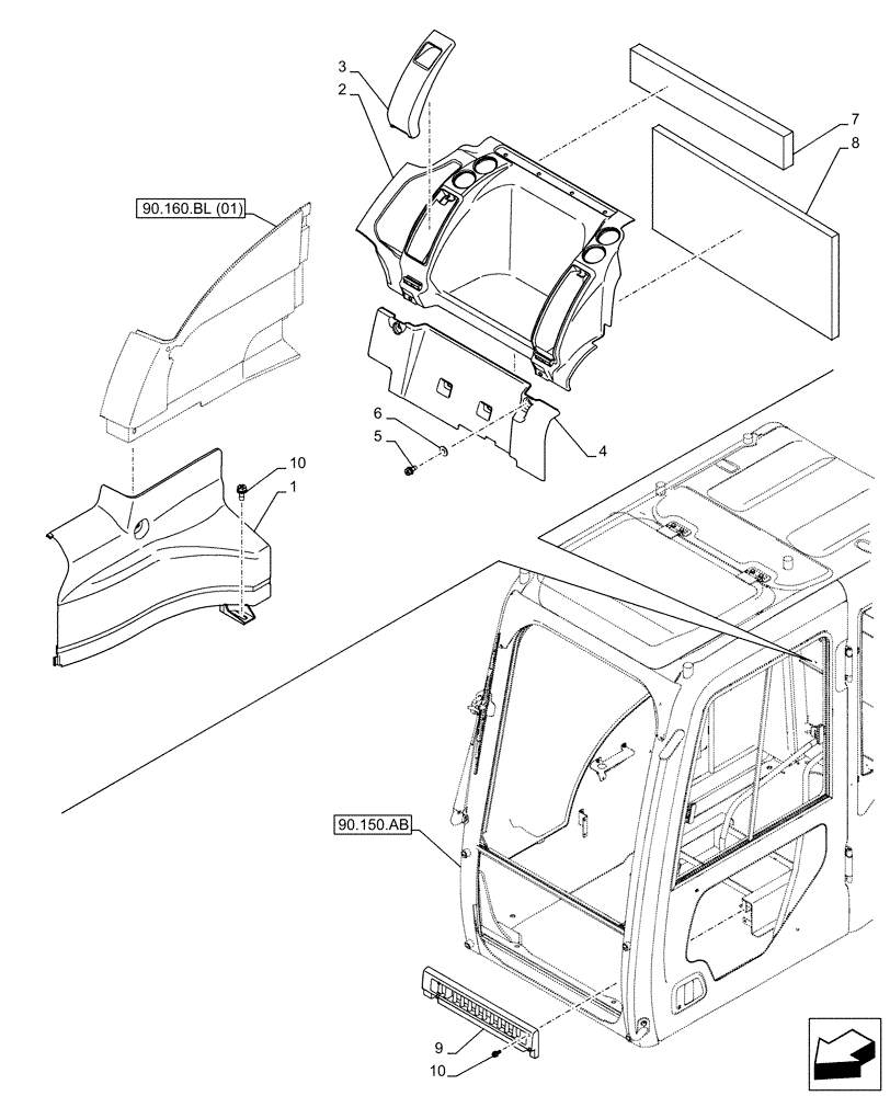 Схема запчастей Case CX130D LC - (90.160.AH) - CAB, REAR, PANEL (90) - PLATFORM, CAB, BODYWORK AND DECALS