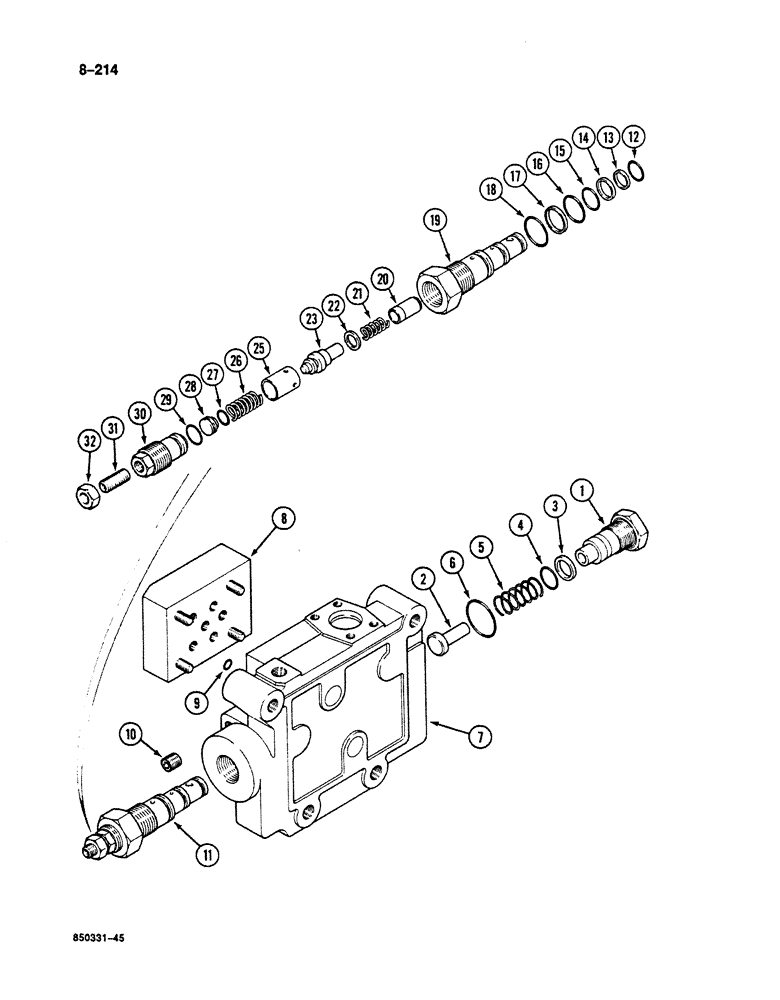 Схема запчастей Case 125B - (8-214) - ATTACHMENT CONTROL VALVE, MAIN RELIEF VALVE, CHECK VALVE - END INLET (08) - HYDRAULICS