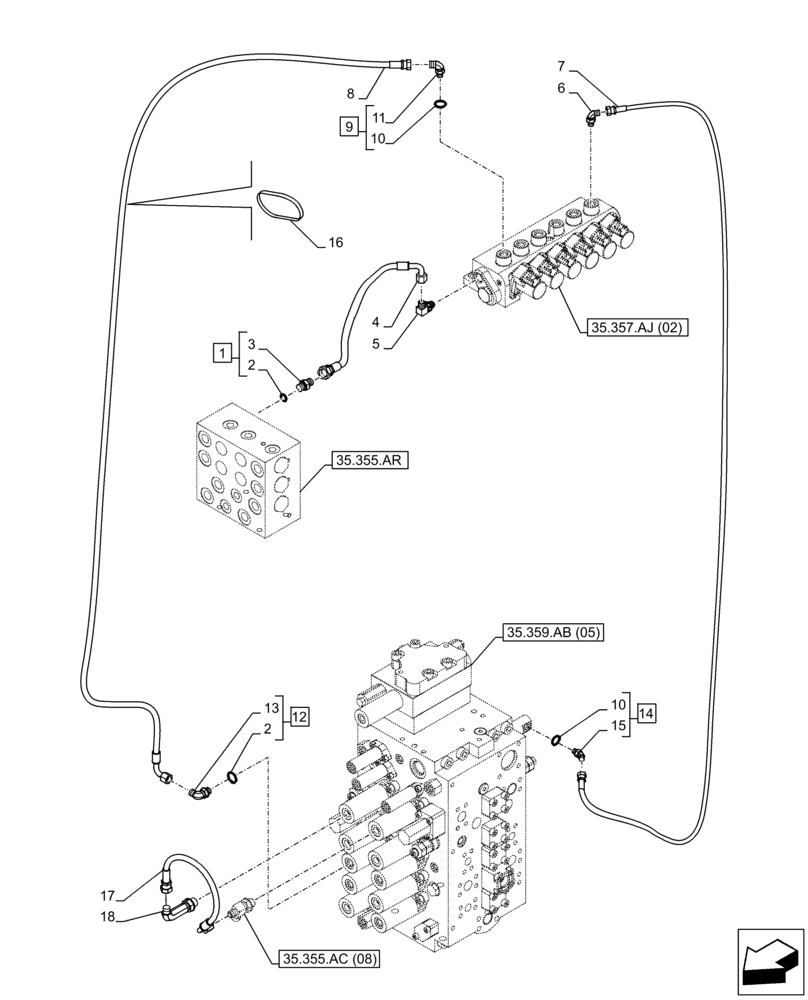 Схема запчастей Case CX210D LC LR - (35.357.AO[02]) - VAR - 461558 - MAIN, SOLENOID VALVE, PRESSURE PIPE, CONTROL PATTERN SELECTION (35) - HYDRAULIC SYSTEMS