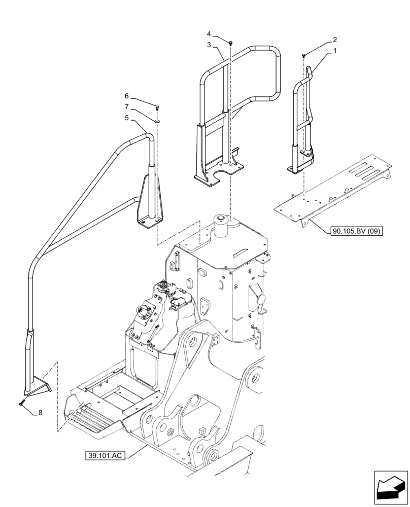 Схема запчастей Case CX160D LC - (90.118.AX[02]) - VAR - 461573 - HANDRAIL (90) - PLATFORM, CAB, BODYWORK AND DECALS