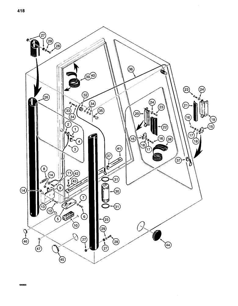 Схема запчастей Case 880C - (418) - CAB WINDSHIELD CABLES AND MISCELLANEOUS, PIN 6205416 AND AFTER (05) - UPPERSTRUCTURE CHASSIS