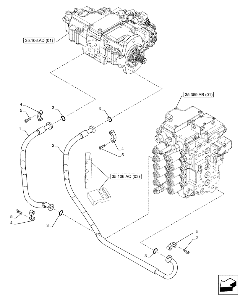 Схема запчастей Case CX130D - (35.106.AO[02]) - VARIABLE DELIVERY HYDRAULIC PUMP, PRESSURE PIPE (35) - HYDRAULIC SYSTEMS