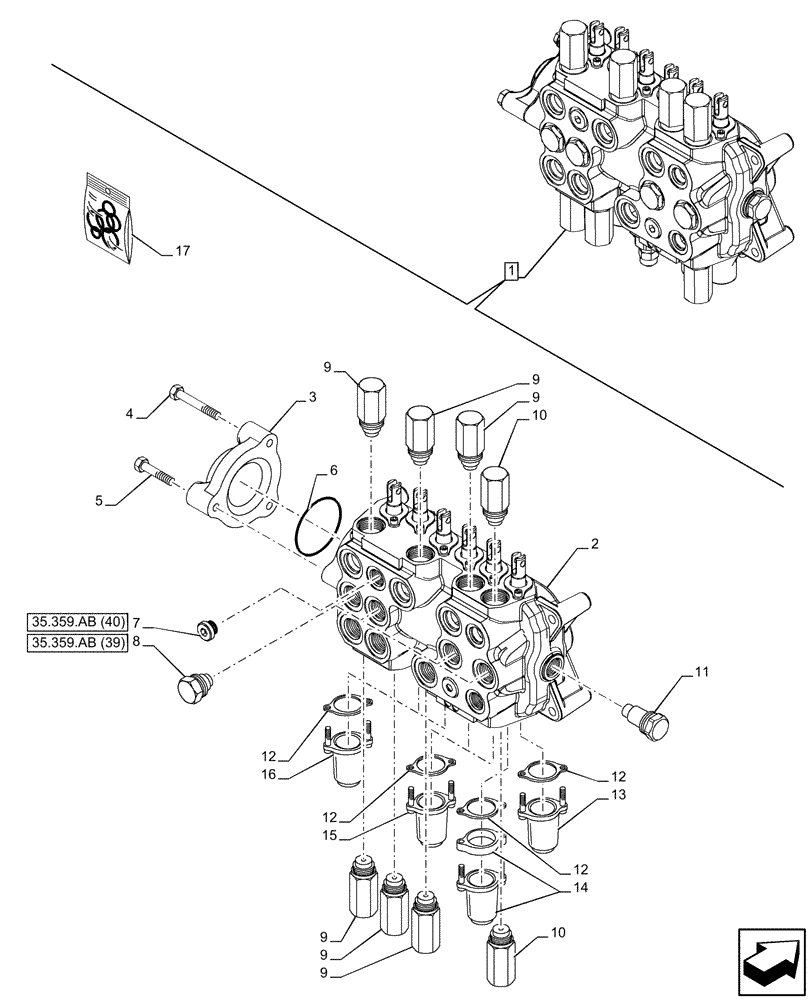 Схема запчастей Case 580N EP - (35.359.AB[38]) - BACKHOE CONTROL VALVE, 6-SPOOL, COMPONENTS, STANDARD DIPPER, W/ FOOT SWING CONTROLS - END YR 10-JUL-2015 (35) - HYDRAULIC SYSTEMS