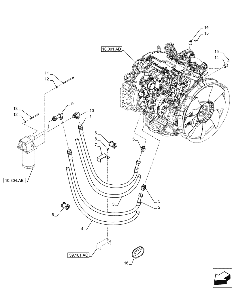 Схема запчастей Case CX130D - (10.304.AF[01]) - ENGINE OIL FILTER, LINE (10) - ENGINE