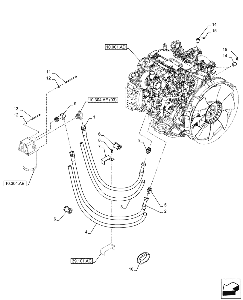 Схема запчастей Case CX130D - (10.304.AF[02]) - VAR - 488034 - ENGINE OIL FILTER, DRAIN LINE (10) - ENGINE