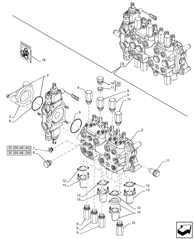 Схема запчастей Case 580N EP - (35.359.AB[44]) - BACKHOE CONTROL VALVE, 7-SPOOL, COMPONENTS, STANDARD DIPPER, W/ TWO LEVER CONTROLS - END YR 10-JUL-2015 (35) - HYDRAULIC SYSTEMS