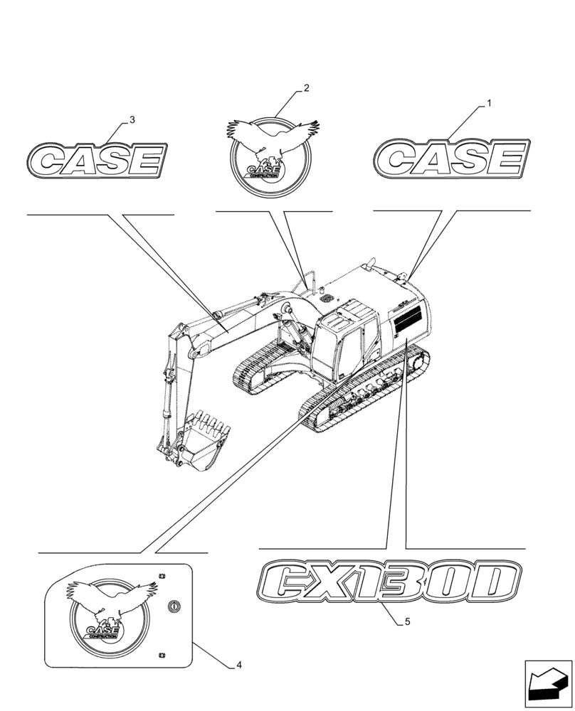 Схема запчастей Case CX130D - (90.108.AB[01]) - MODEL IDENTIFICATION DECAL (90) - PLATFORM, CAB, BODYWORK AND DECALS