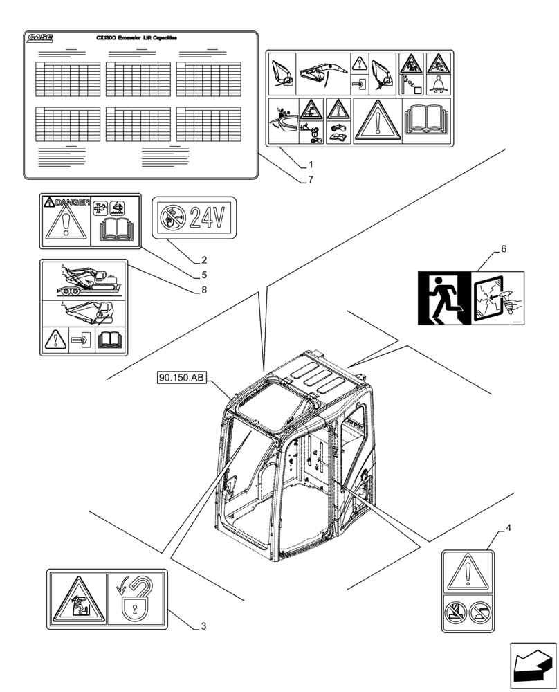 Схема запчастей Case CX130D LC - (90.108.AC[07]) - WARNING DECAL (90) - PLATFORM, CAB, BODYWORK AND DECALS