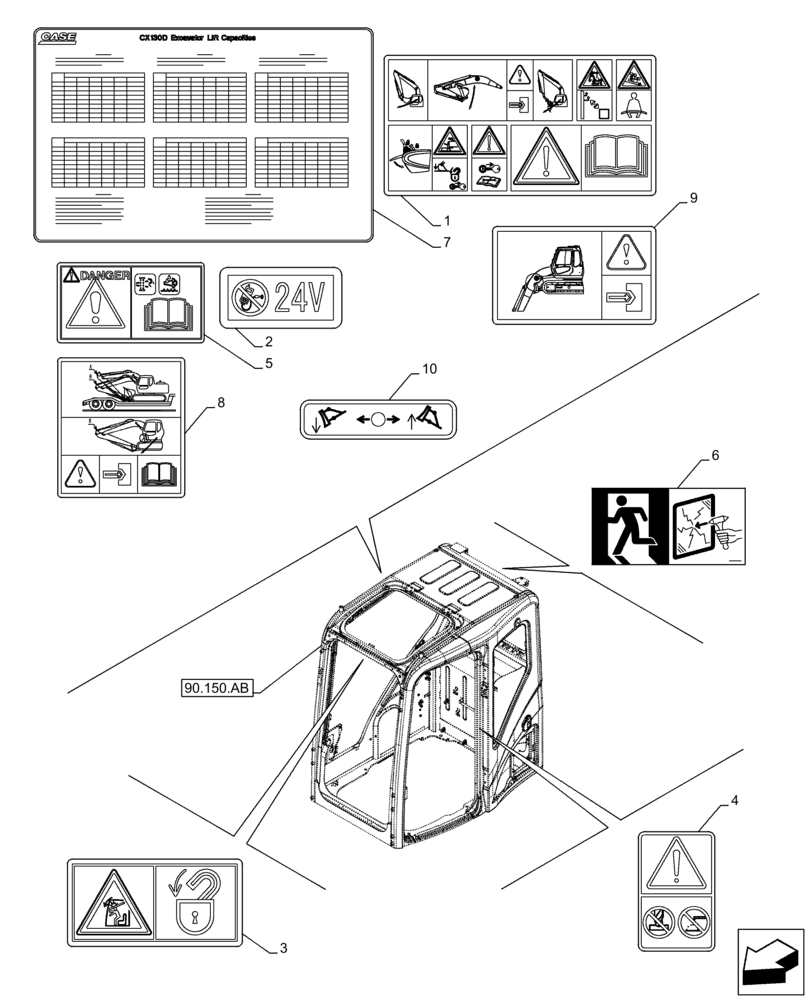 Схема запчастей Case CX130D - (90.108.AC[07]) - WARNING DECAL (90) - PLATFORM, CAB, BODYWORK AND DECALS