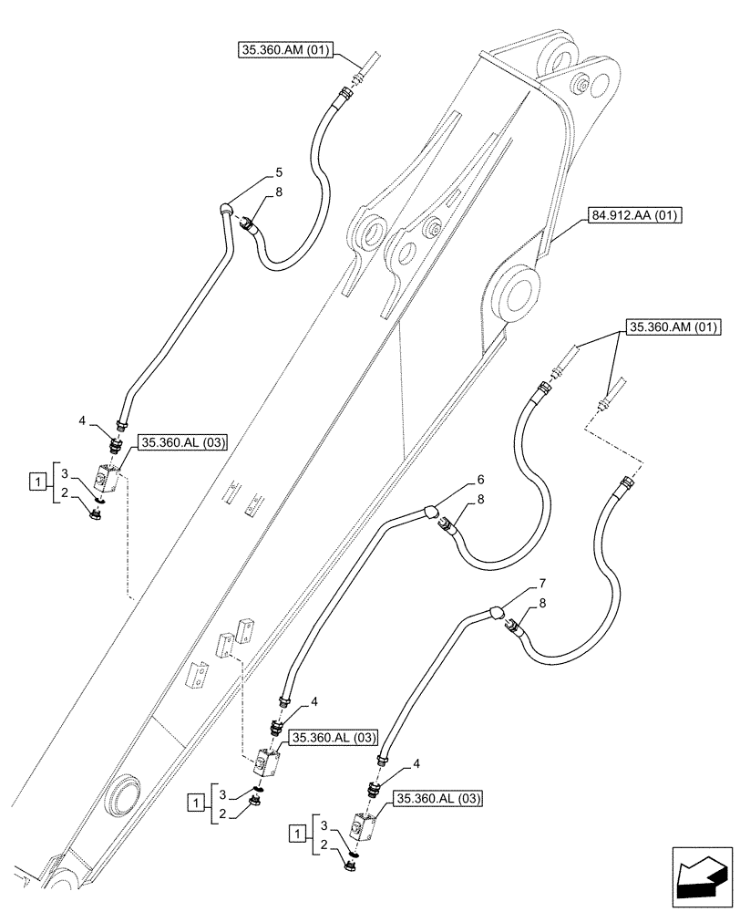 Схема запчастей Case CX160D LC - (35.360.AM[02]) - VAR - 461863 - ARM, LINE, CLAMSHELL BUCKET, ROTATION, W/ ELECTRICAL PROPORTIONAL CONTROL (ARM L=2.6M) (35) - HYDRAULIC SYSTEMS
