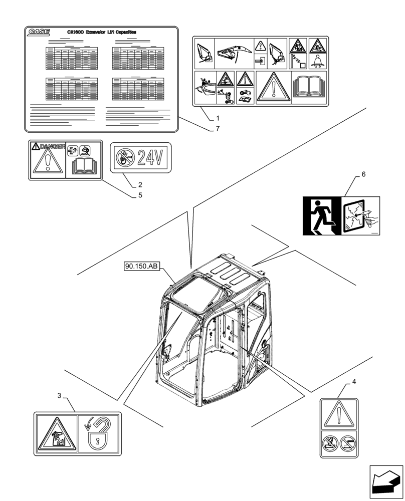 Схема запчастей Case CX160D LC - (90.108.AC[07]) - WARNING DECAL (90) - PLATFORM, CAB, BODYWORK AND DECALS