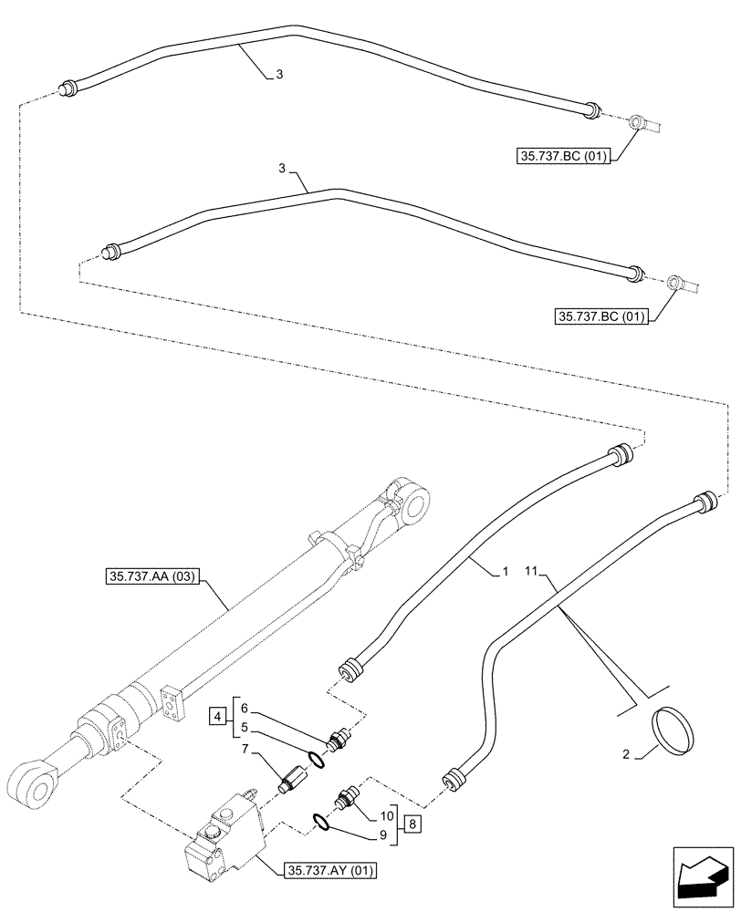 Схема запчастей Case CX160D LC - (35.737.BC[03]) - VAR - 481064 - ARM, CYLINDER, SAFETY VALVE, LINES (35) - HYDRAULIC SYSTEMS