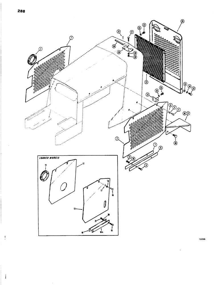 Схема запчастей Case 450 - (288) - SIDE SHIELDS AND BRUSH GUARDS, SIDE SHIELD (USED ON DRAWBAR & DOZER MODELS ONLY) (05) - UPPERSTRUCTURE CHASSIS