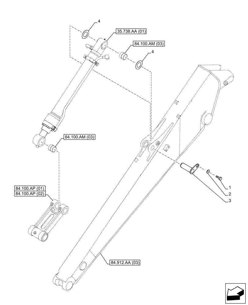 Схема запчастей Case CX130D - (84.100.AQ[03]) - VAR - 781178 - BUCKET CYLINDER, PIN (ARM L=3.0M) (84) - BOOMS, DIPPERS & BUCKETS