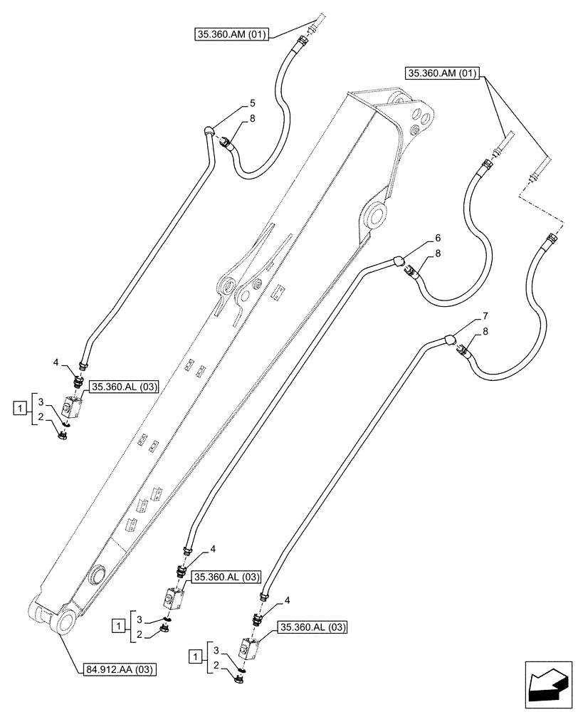 Схема запчастей Case CX130D LC - (35.360.AM[04]) - VAR - 461863 - ARM, LINE, CLAMSHELL BUCKET, ROTATION, W/ ELECTRICAL PROPORTIONAL CONTROL (ARM L=3.0M) (35) - HYDRAULIC SYSTEMS