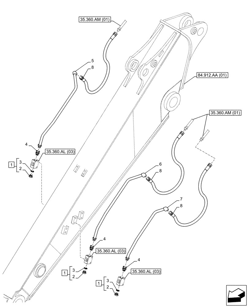 Схема запчастей Case CX130D - (35.360.AM[02]) - VAR - 461863 - ARM, LINE, CLAMSHELL BUCKET, ROTATION, W/ ELECTRICAL PROPORTIONAL CONTROL (ARM L=2.1M) (35) - HYDRAULIC SYSTEMS