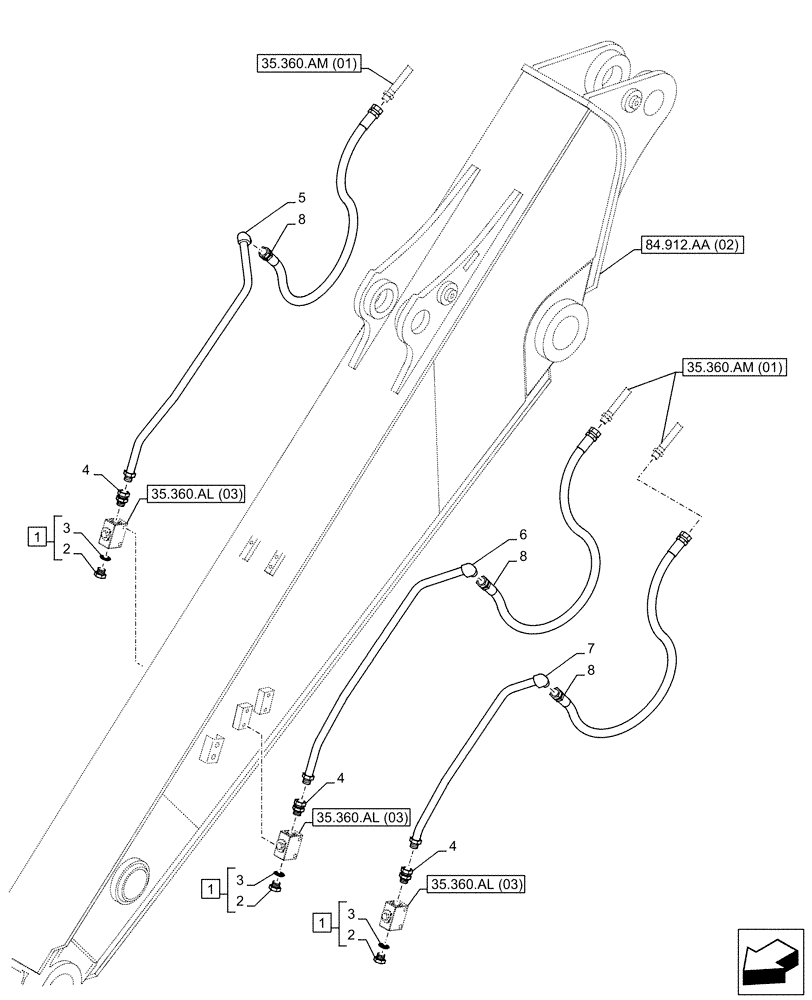 Схема запчастей Case CX130D LC - (35.360.AM[03]) - VAR - 461863 - ARM, LINE, CLAMSHELL BUCKET, ROTATION, W/ ELECTRICAL PROPORTIONAL CONTROL (ARM L=2.5M) (35) - HYDRAULIC SYSTEMS