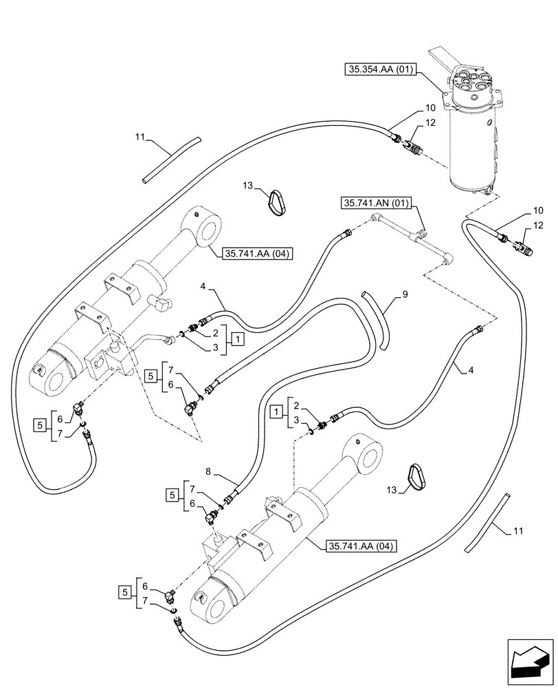 Схема запчастей Case CX130D - (35.741.AN[04]) - VAR - 481064 - DOZER BLADE, LIFT CYLINDER, LINES, SAFETY VALVE (35) - HYDRAULIC SYSTEMS
