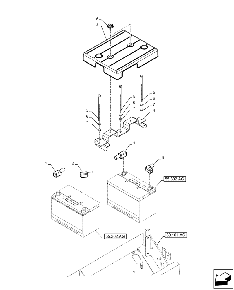 Схема запчастей Case CX160D LC - (55.302.AH) - BATTERY, COVER (55) - ELECTRICAL SYSTEMS