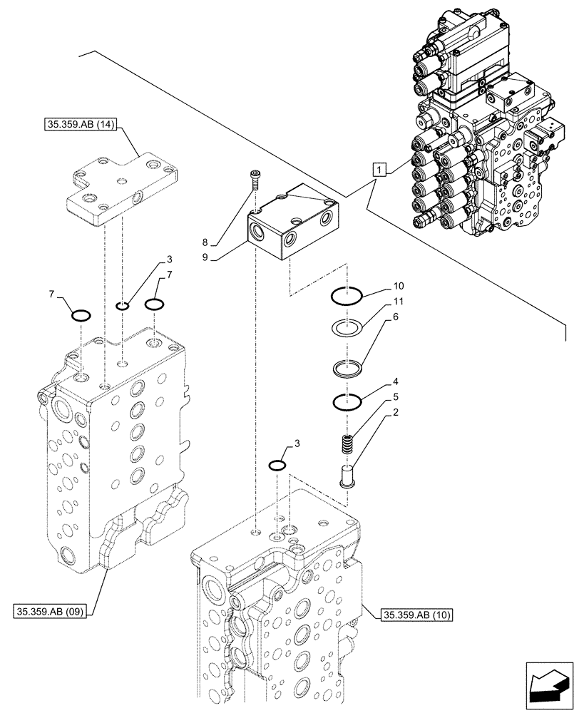 Схема запчастей Case CX130D - (35.359.AB[13]) - VAR - 461863 - CONTROL VALVE, CLAMSHELL BUCKET, ROTATION, COMPONENTS (35) - HYDRAULIC SYSTEMS