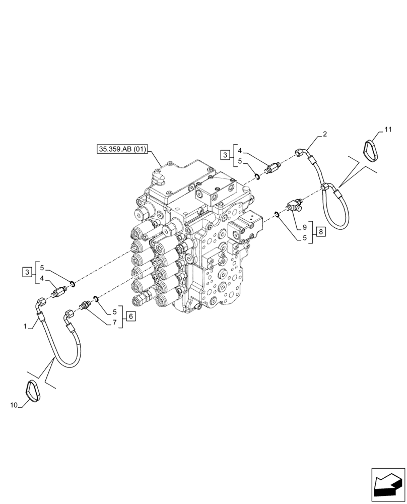 Схема запчастей Case CX130D LC - (35.357.AO[03]) - STD + VAR - 461558 - MAIN, SOLENOID VALVE, PRESSURE PIPE, CONTROL PATTERN SELECTION (35) - HYDRAULIC SYSTEMS