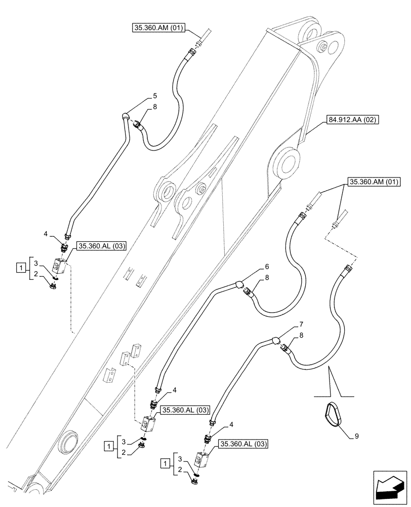 Схема запчастей Case CX160D LC - (35.360.AM[03]) - VAR - 461863 - ARM, LINE, CLAMSHELL BUCKET, ROTATION, W/ ELECTRICAL PROPORTIONAL CONTROL (ARM L=3.0M) (35) - HYDRAULIC SYSTEMS