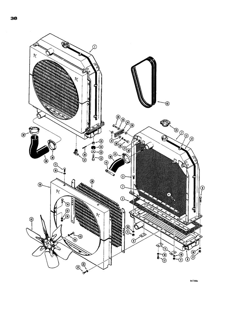 Схема запчастей Case 850 - (038) - RADIATOR, FAN AND HOSES (01) - ENGINE