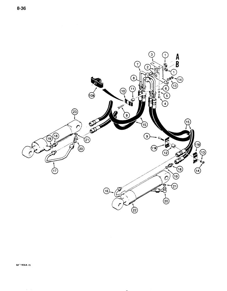 Схема запчастей Case 850D - (8-036) - RIPPER HYDRAULIC CIRCUIT, REAR OF TRACTOR TO CYLINDERS (08) - HYDRAULICS