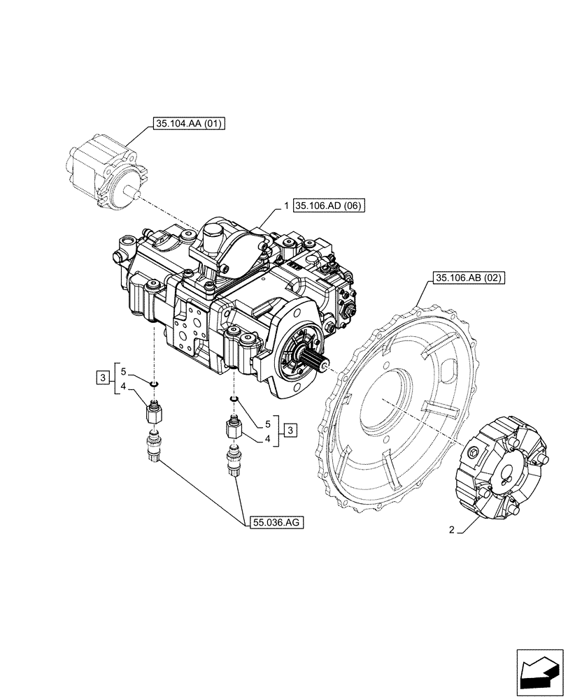 Схема запчастей Case CX130D LC - (35.106.AD[05]) - VAR - 461863 - VARIABLE DELIVERY HYDRAULIC PUMP, CLAMSHELL BUCKET, ROTATION, W/ ELECTRICAL PROPORTIONAL CONTROL (35) - HYDRAULIC SYSTEMS