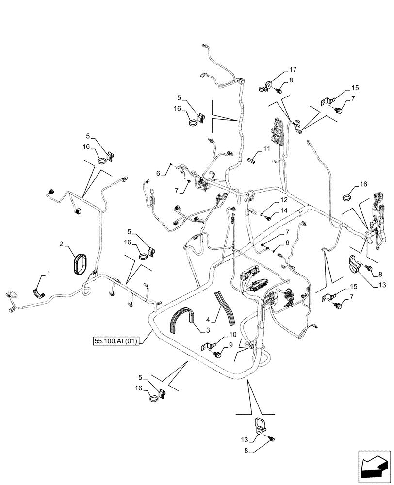 Схема запчастей Case CX130D LC - (55.100.AI[02]) - MAIN, WIRE HARNESS, CABLE CLIP (55) - ELECTRICAL SYSTEMS