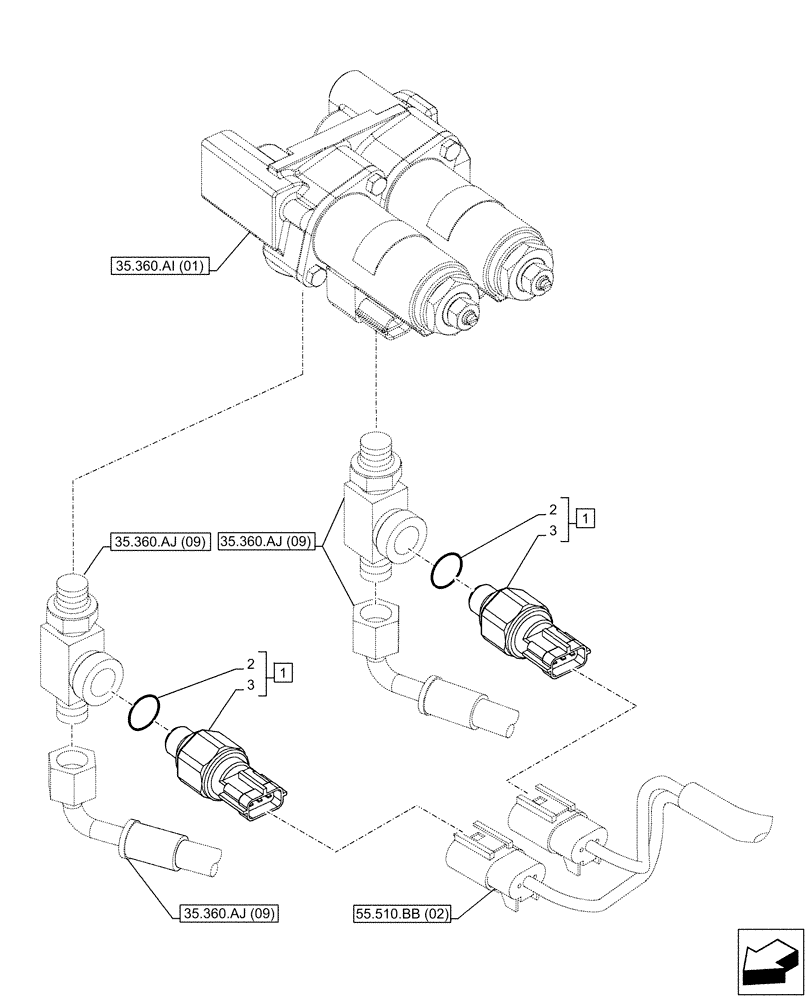 Схема запчастей Case CX160D LC - (55.425.AT[03]) - VAR - 461868, 461869 - PRESSURE SENSOR, HAMMER CIRCUIT, SHEARS, HIGH FLOW, W/ ELECTRICAL PROPORTIONAL CONTROL (55) - ELECTRICAL SYSTEMS