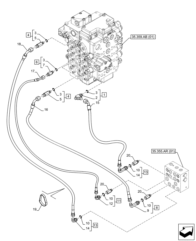 Схема запчастей Case CX160D LC - (35.355.AC[03]) - STD + VAR - 461558 - JOYSTICK, HYDRAULIC LINE, CONTROL VALVE, CONTROL PATTERN SELECTION (35) - HYDRAULIC SYSTEMS