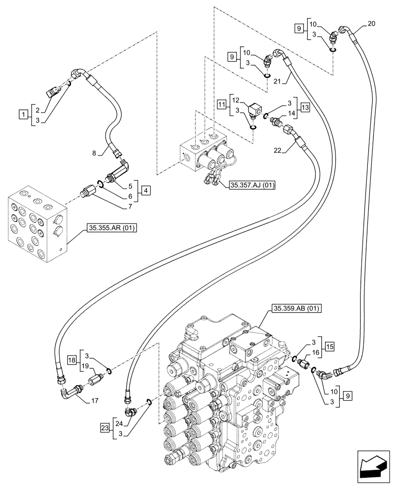 Схема запчастей Case CX160D LC - (35.357.AO[02]) - STD + VAR - 461558 - MAIN, SOLENOID VALVE, PRESSURE PIPE, CONTROL PATTERN SELECTION (35) - HYDRAULIC SYSTEMS