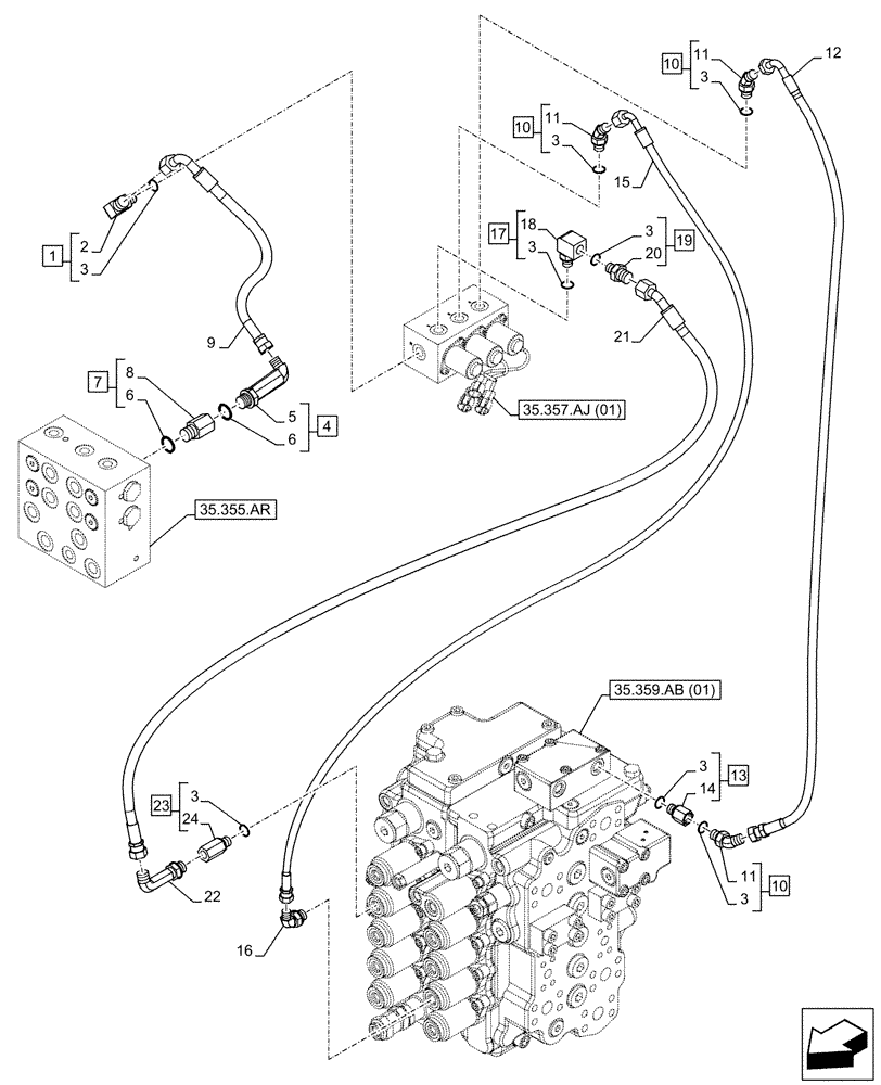 Схема запчастей Case CX130D LC - (35.357.AO[02]) - STD + VAR - 461558 - MAIN, SOLENOID VALVE, PRESSURE PIPE, CONTROL PATTERN SELECTION (35) - HYDRAULIC SYSTEMS