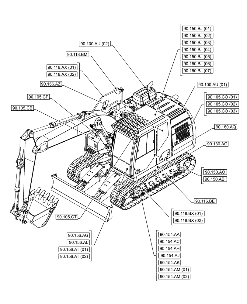 Схема запчастей Case CX130D - (00.000.90[03]) - PICTORIAL INDEX - PLATFORM, CAB, BODYWORK AND DECALS (00) - GENERAL & PICTORIAL INDEX
