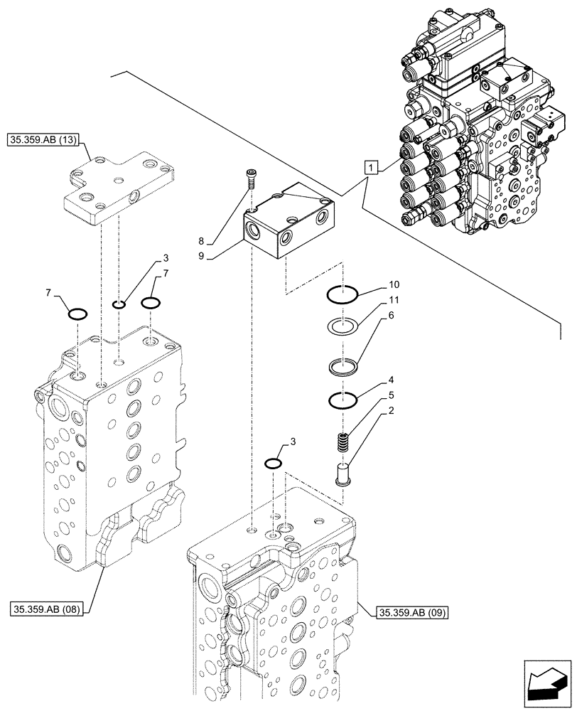 Схема запчастей Case CX160D LC - (35.359.AB[12]) - VAR - 461863 - CONTROL VALVE, CLAMSHELL BUCKET, ROTATION, W/ ELECTRICAL PROPORTIONAL CONTROL, COMPONENTS (35) - HYDRAULIC SYSTEMS