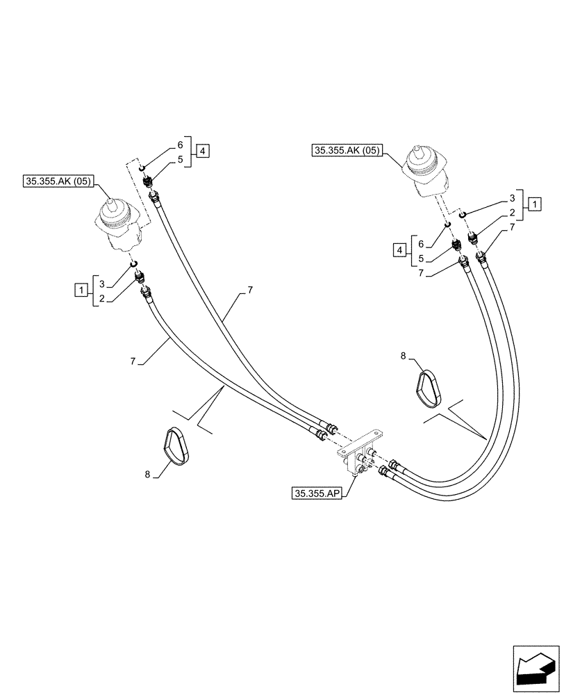 Схема запчастей Case CX130D - (35.355.AO[01]) - STD + VAR - 461558 - JOYSTICK, DRAIN LINE, BLOCK, CONTROL PATTERN SELECTION (35) - HYDRAULIC SYSTEMS