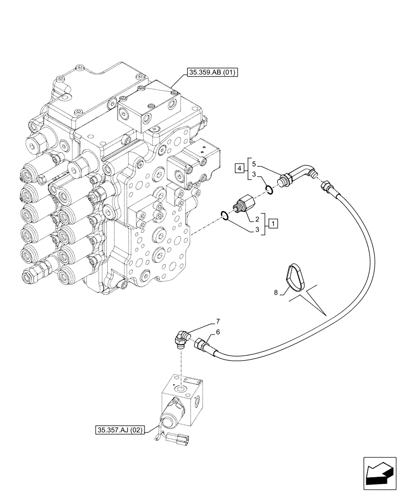 Схема запчастей Case CX130D LC - (35.357.AO[04]) - STD + VAR - 461558 - MAIN, SOLENOID VALVE, PRESSURE PIPE, CONTROL PATTERN SELECTION (35) - HYDRAULIC SYSTEMS