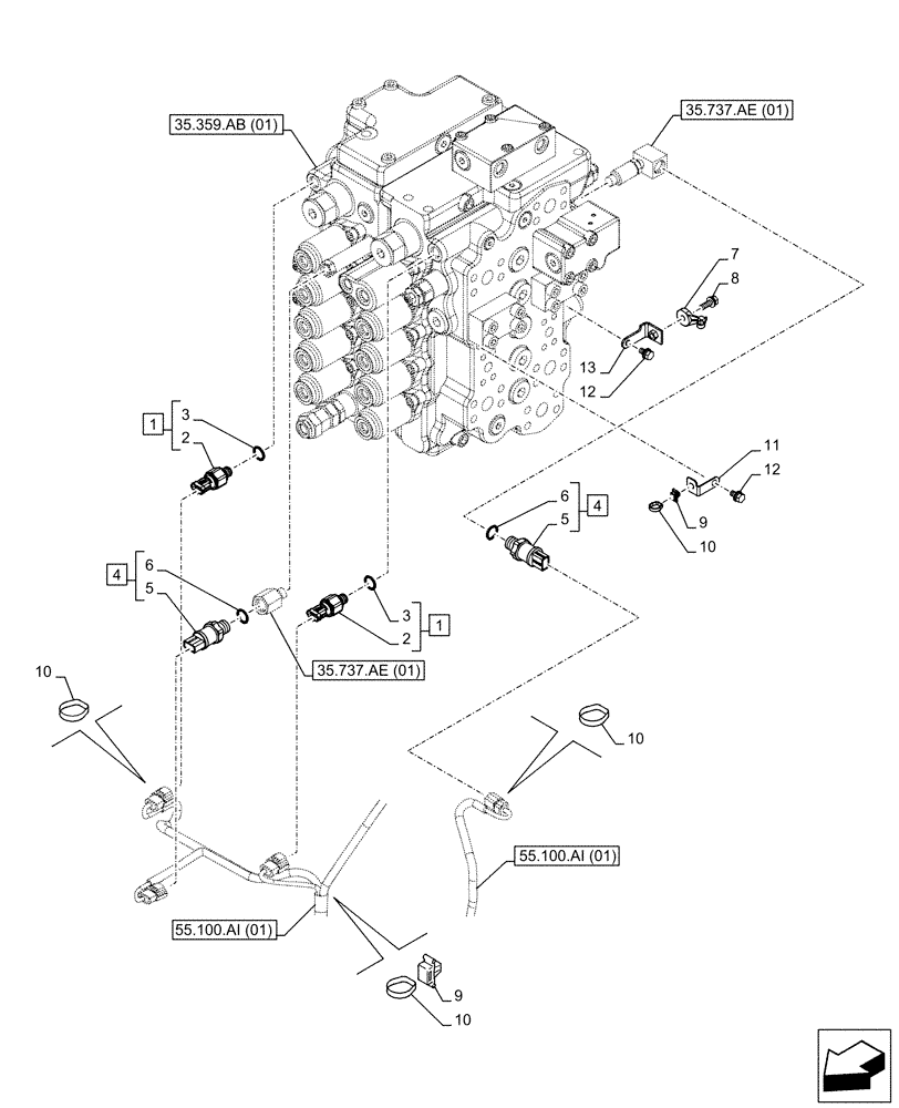 Схема запчастей Case CX130D LC - (55.036.AB[02]) - CONTROL VALVE, SENSOR (55) - ELECTRICAL SYSTEMS