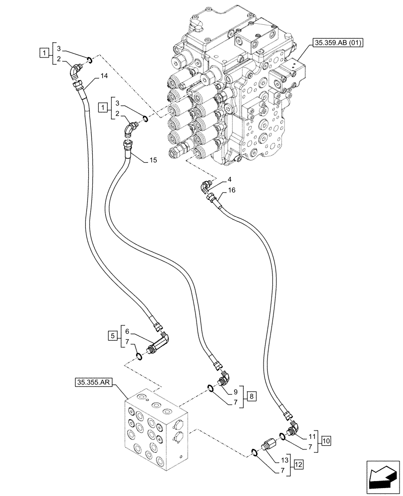 Схема запчастей Case CX130D - (35.355.AC[04]) - STD + VAR - 461558 - JOYSTICK, HYDRAULIC LINE, CONTROL VALVE, CONTROL PATTERN SELECTION (35) - HYDRAULIC SYSTEMS