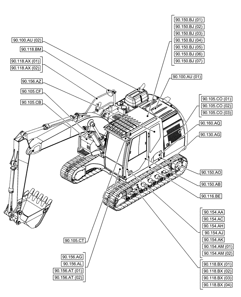Схема запчастей Case CX160D LC - (00.000.90[03]) - PICTORIAL INDEX - PLATFORM, CAB, BODYWORK AND DECALS (00) - GENERAL & PICTORIAL INDEX