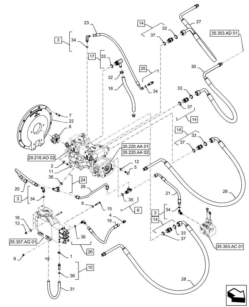 Схема запчастей Case TV380 - (29.204.AB[04]) - HYDROSTATIC PUMP, DRIVE LINES, EH CONTROLS (TR320, TV380) (29) - HYDROSTATIC DRIVE