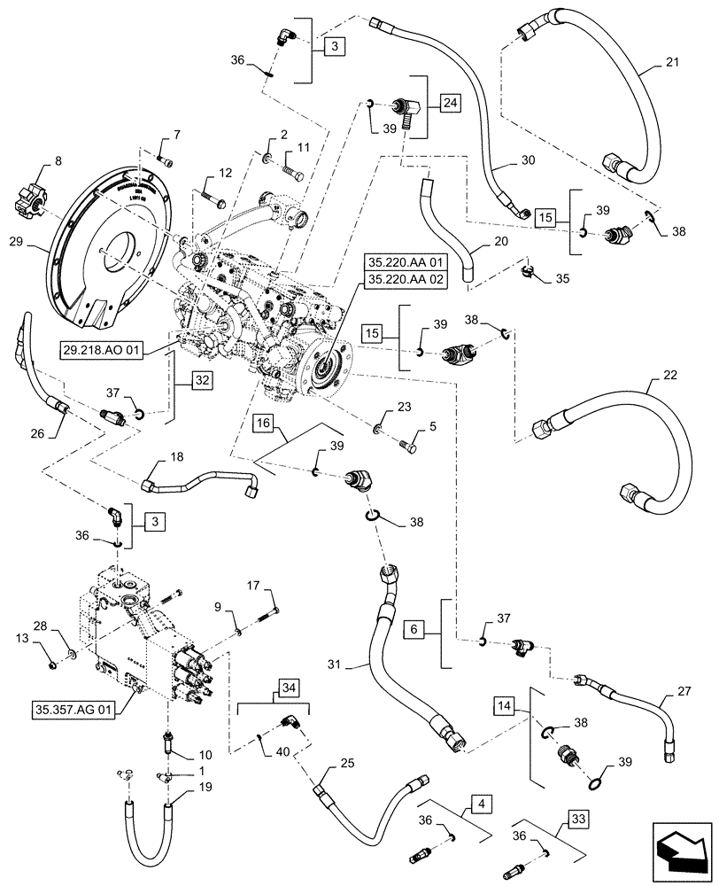 Схема запчастей Case SR220 - (29.204.AB[04]) - HYDROSTATIC PUMP, DRIVE, LINE, EH CONTROLS (SR220 - SV300) (29) - HYDROSTATIC DRIVE