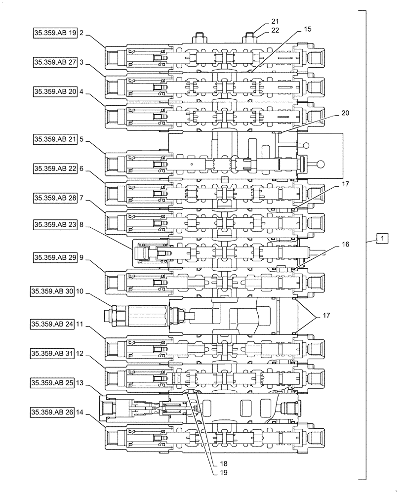 Схема запчастей Case CX36B - (35.359.AB[18]) - VALVE, ASSY, CONTROL, ANGLE, DOZER (35) - HYDRAULIC SYSTEMS