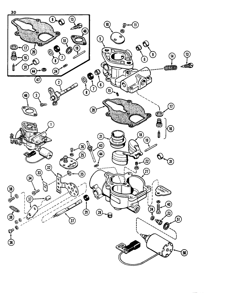 Схема запчастей Case 1835 - (030) - CARBURETOR AND SOLENOID, 148B SPARK IGNITION ENGINE (02) - ENGINE