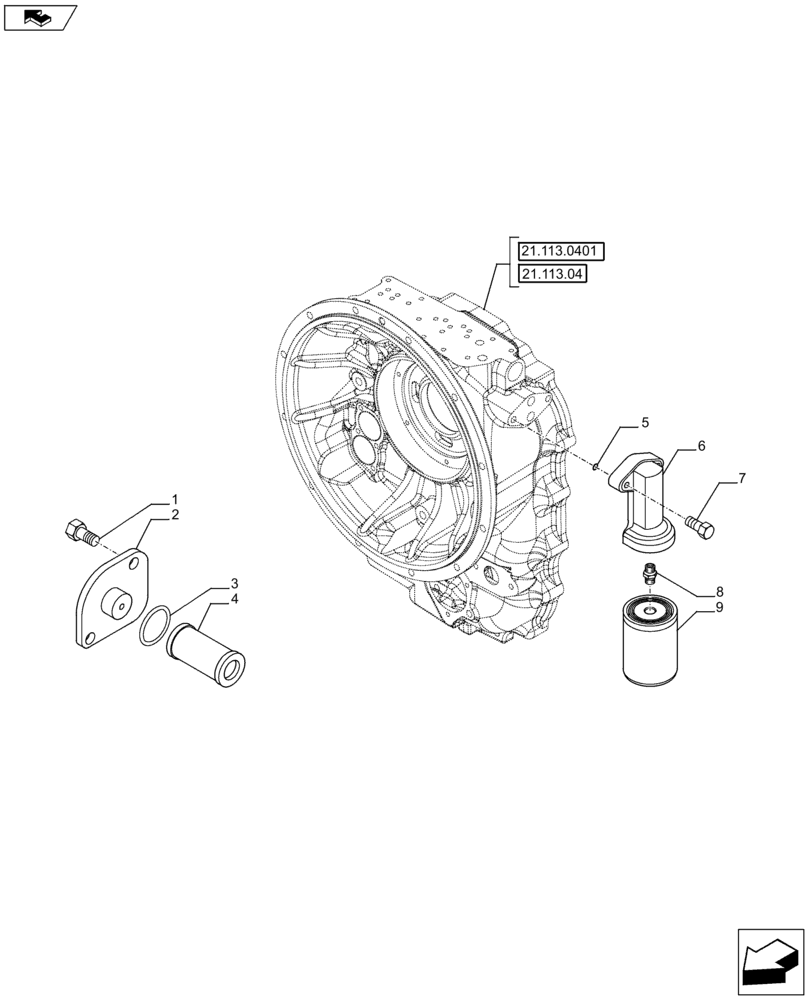 Схема запчастей Case 580SN WT - (21.105.01) - VAR - 423060, 423061 - TRANSMISSION- POWERSHIFT S-TYPE - FILTER, OIL (21) - TRANSMISSION