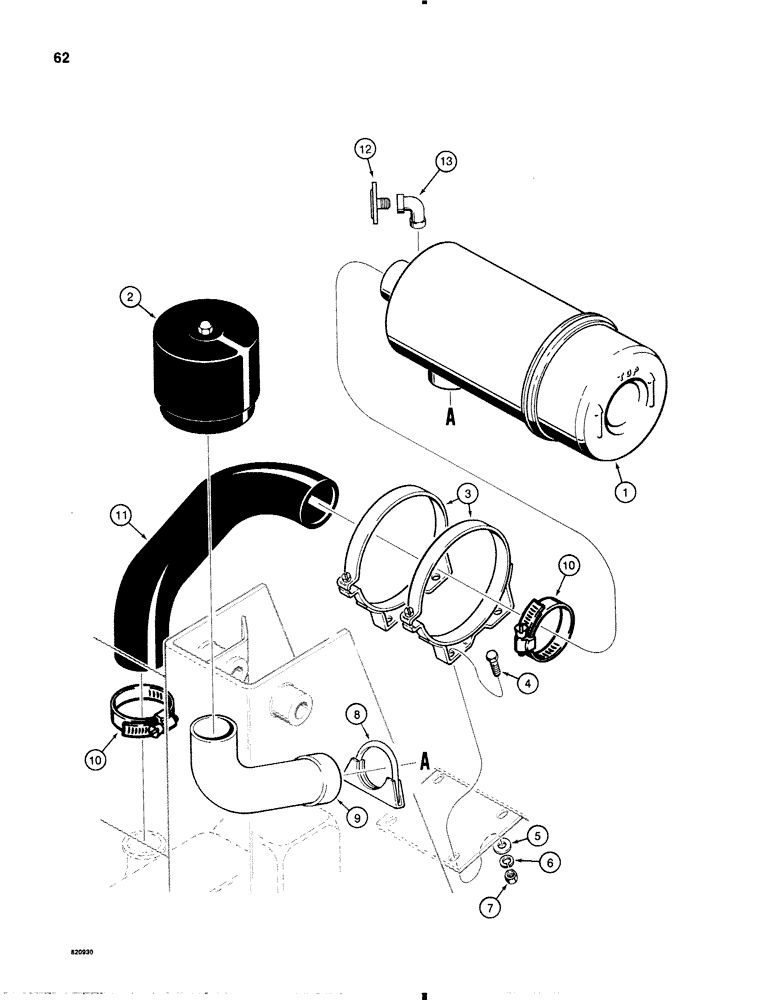 Схема запчастей Case 1845B - (062) - AIR CLEANER AND PRECLEANER MOUNTING PARTS, DIESEL MODELS (02) - ENGINE