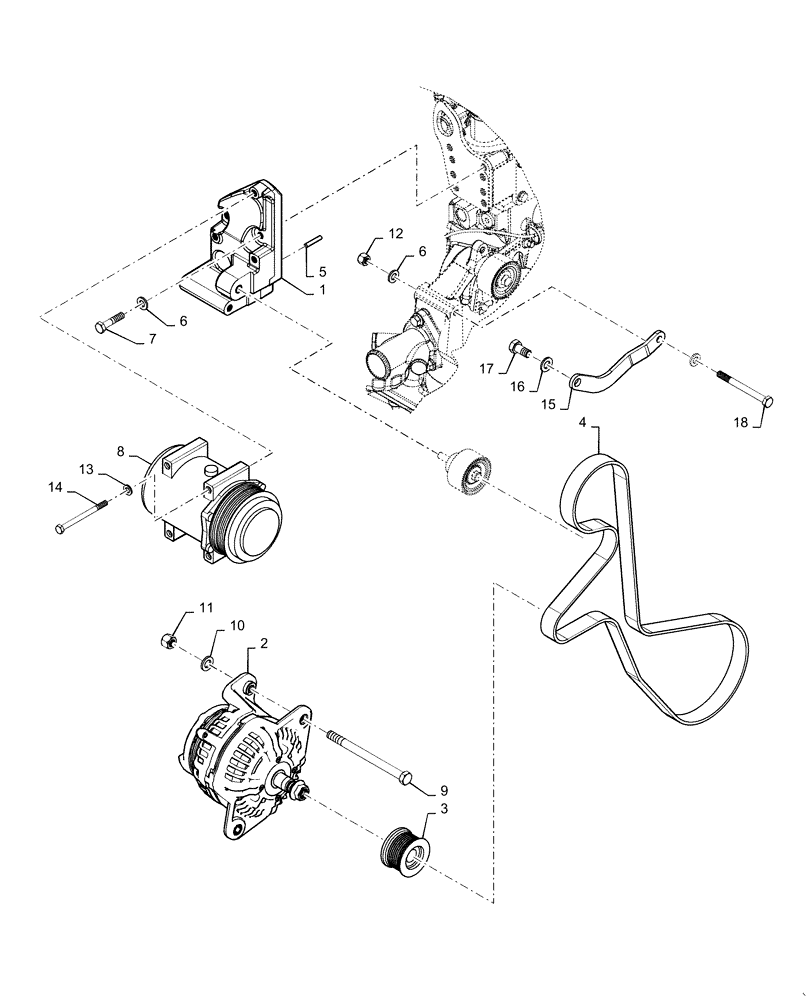 Схема запчастей Case 921F - (55.301.AB[01]) - ALTERNATOR PULLEY, BELT AND BRACKET INSTALLATION, WITH A/C (55) - ELECTRICAL SYSTEMS