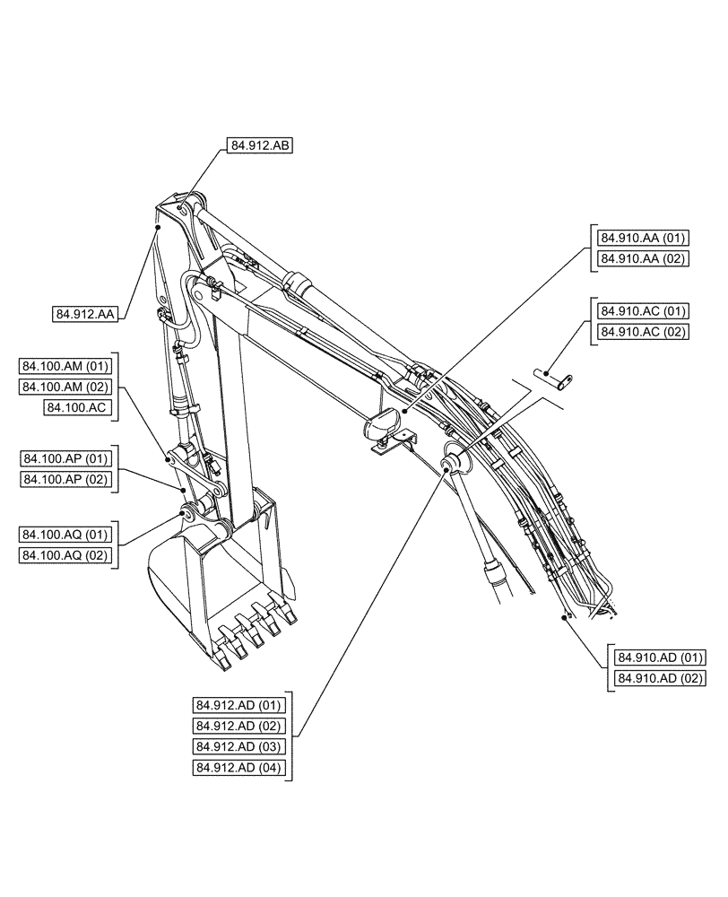 Схема запчастей Case CX250D LC LR - (00.000.84[02]) - PICTORIAL INDEX - BOOMS, DIPPERS & BUCKET (00) - GENERAL & PICTORIAL INDEX