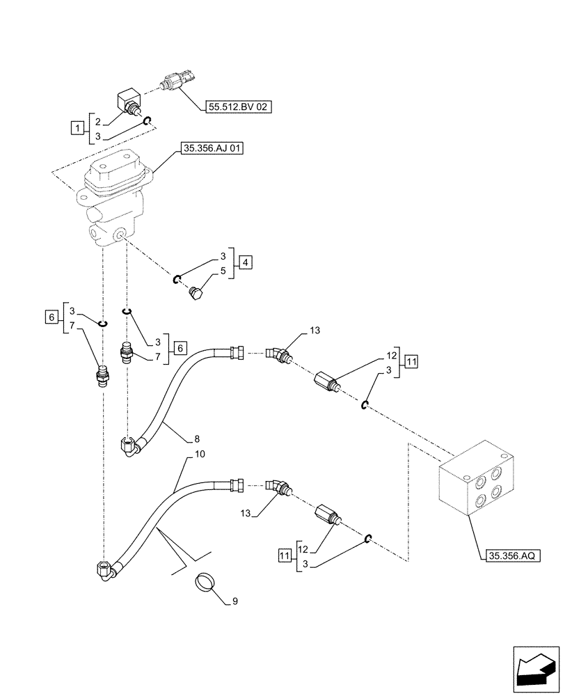 Схема запчастей Case CX500D RTC - (35.356.AR[03]) - PEDAL, DRAIN LINE (35) - HYDRAULIC SYSTEMS